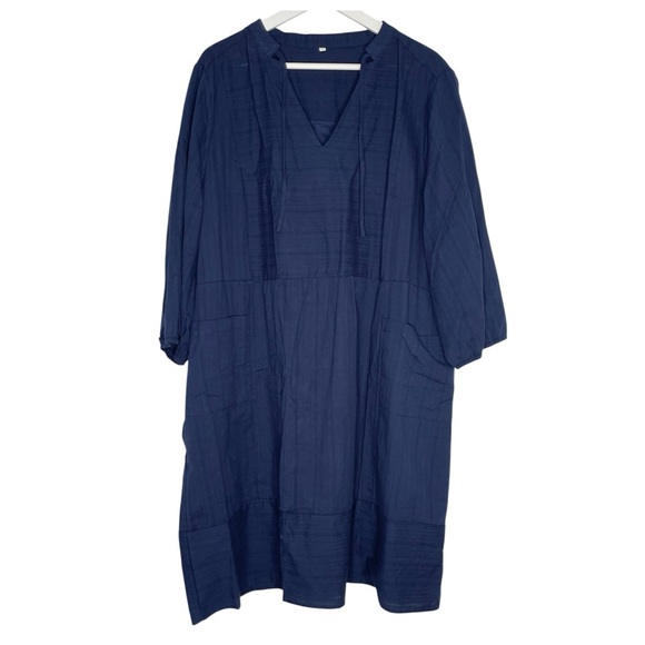 Navy Blue 100% Cotton gauze tunic dress with pockets tie neck detailing Size 2XL - Picture 1 of 16
